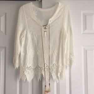 White Lace Blouse with Feather Tassels